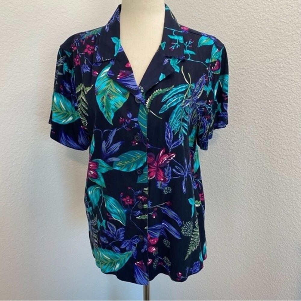 White Stag Floral Tropical Blue Red Short Sleeve Button Top Vintage Size M